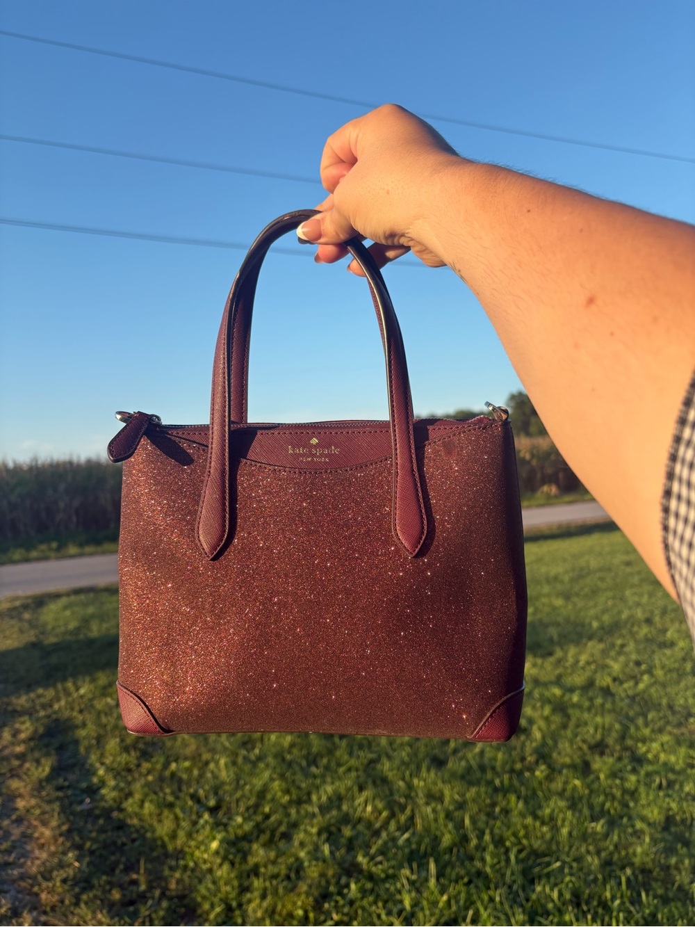 kate spade glitter burgundy satchel with leather trim